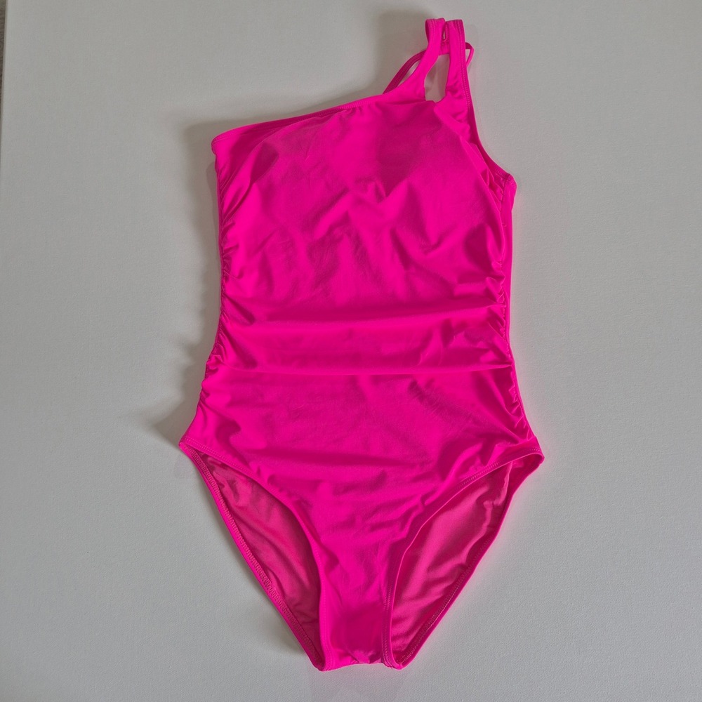 Holipick Womens One Shoulder Ruched One Piece Swimsuit Neon Pink Size L NWT